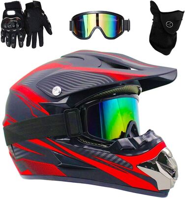 Мотошолом Racing Motocross з окулярами та рукавичками (4 шт.) - комплект для катання на мотоциклі, dirt bike, off-road, для дорослих та дітей, червоні лінії, L (56-57 см)