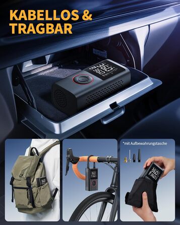 Бездротова електрична повітряна помпа Powools 150PSI з LED-ліхтариком та автостопом, акумуляторна помпа для велосипеда, електровелосипеда, авто, мотоцикла, м'ячів, чорна