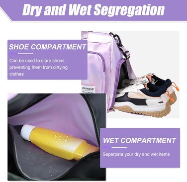 Спортивна сумка Tokeya для жінок з відділенням для взуття та мокрою одежі, водонепроникна, з блискітками, легка, складна, для занять спортом, фітнесом, тренувань, подорожей (фіолетова)