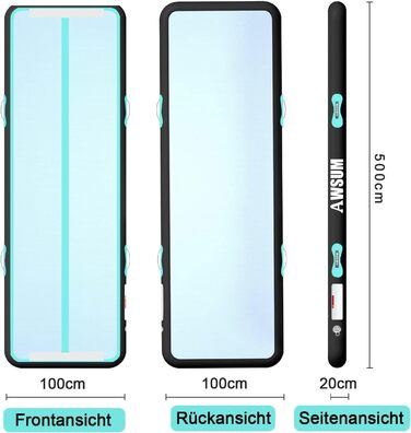 AWSUM Килимок для гімнастики надувний, 2/3/4/5/6м, для йоги, фітнесу, розтяжки, 10/20см товщина, 500x100x20см, м'ятно-зелений + чорний