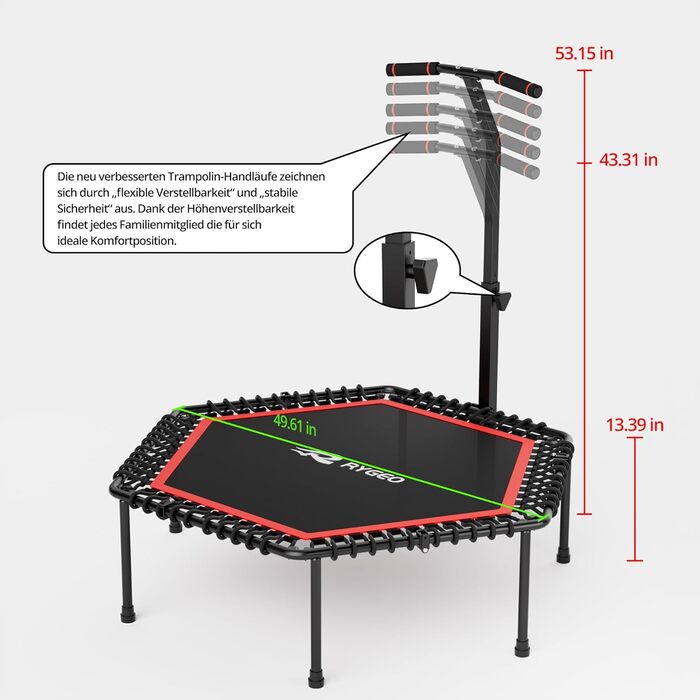 Батут фітнес 50 дюймів для дорослих – міні-батут для дому, міцний каркас, до 230 кг, чорний