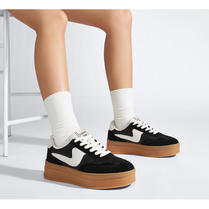 Жіночі кросівки на платформі LUCKY STEP – модні масивні кросівки, зручні шнурівки для повсякденного носіння та прогулянок з прошитими деталями, чорно-білі, 38 EU