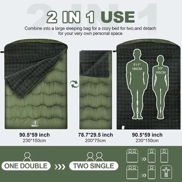 Спальний мішок Baumwolle для 2 осіб, зимовий, водонепроникний, теплий, розмір Queen, для кемпінгу та подорожей на автодомі (армійний зелений)