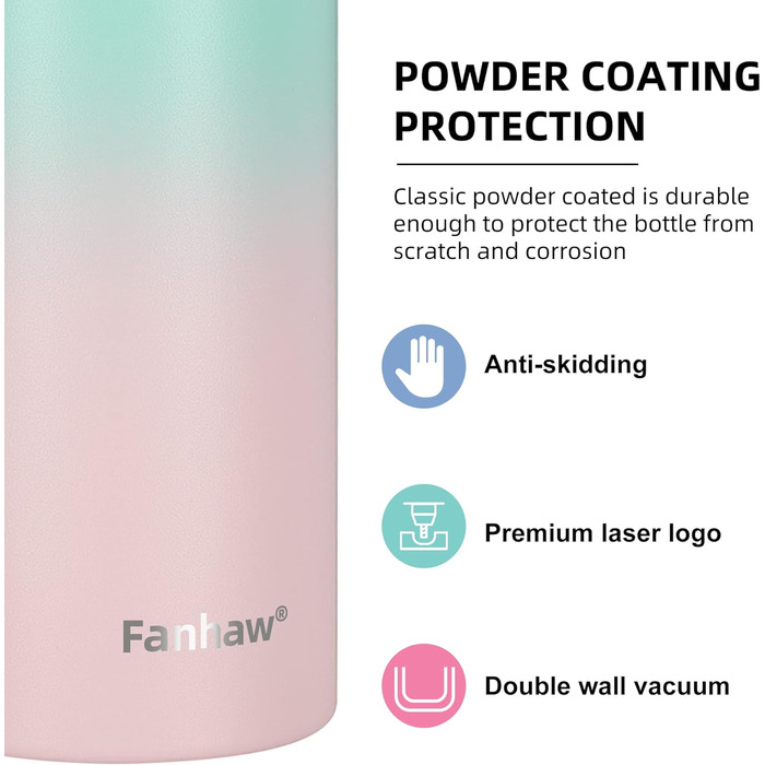 Спортивна пляшка для води Fanhaw 600мл з нержавіючої сталі з трубочкою для школи, дітей, чоловіків та жінок (зелено-рожевий)