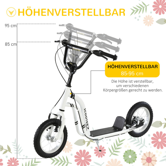 Дитячий самокат HOMCOM Самокат від 5 років, дитячий самокат Kick Scooter City Scooter з пневматичною шиною 12 дюймів, гума алюміній, білий| Аосом