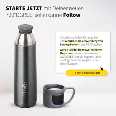 Термос 720°DGREE Follow з чашкою, 450 мл, нержавіюча сталь, BPA-free, ізольований, для кави та чаю, для дітей, школи, роботи, сіро-кам'яний