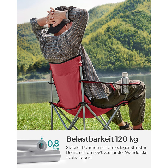 SONGMICS Крісла для кемпінгу, складні, вуличні, зручні, з підлокітниками та тримачем для напоїв, стабільний каркас, вантажопідйомність 120 кг, 2 шт (Червоний)