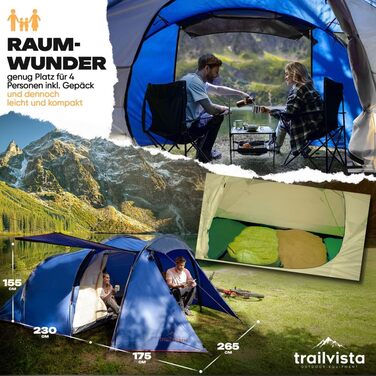 Намет Trailvista® Cevedale Zelt для 4 осіб: водонепроникний, легкий, швидко встановлюється, з тамбуром. Сімейний тунельний намет для кемпінгу, блакитний