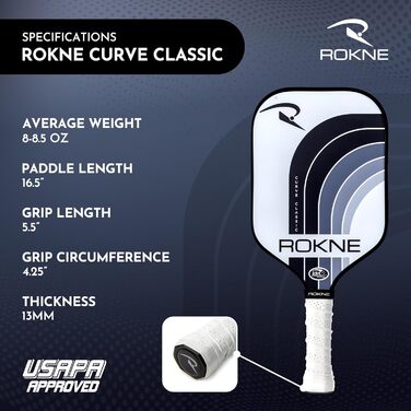 Професійна ракетка для піклболу ROKNE Curve Classic, скловолокно, сертифікована USAPA, ProGrit текстура для максимального обертання та потужності, з чохлом