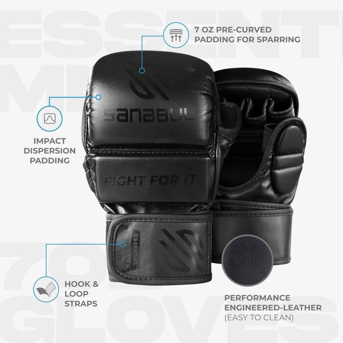 Рукавички для MMA Sanabul Essential 7oz | Тренувальні рукавички для змішаних єдиноборств | Гібридні спарингові рукавички (Чорні, S/M)