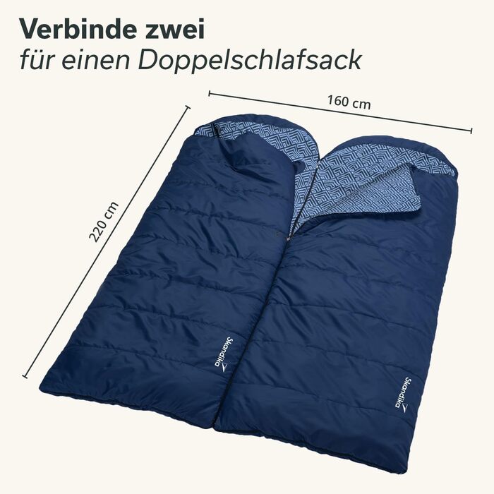 Спальний мішок Skandika Dundee Flanell: бавовна, преміум-якість, з'єднується, двомісний, 3 сезони, до -20°C, 220 x 80/160 см, Outdoor, Indigo, для кемпінгу