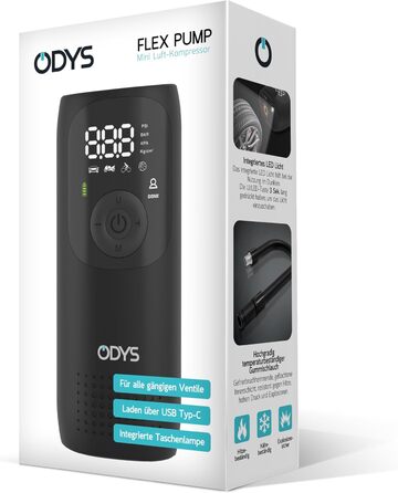 ODYS FlexPump акумуляторний портативний електричний компресор-насос для авто, мотоцикла, велосипеда, самоката, м'ячів (0-10 Бар, 0-150 PSI, 2000 мАг, зарядка USB-C, цифровий дисплей, LED-підсвітка)