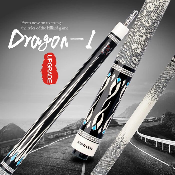 Більярдний кий Konllen з низькою відволікаючою лінією, з подовженням та кейсом (10,5 мм, 11,5 мм, 12,5 мм наконечники Tigerspitze, XTC-чохол, 3/8 x 8 радіальний штифт, довжина 147 см) Dragon-1, EU 12.5mm