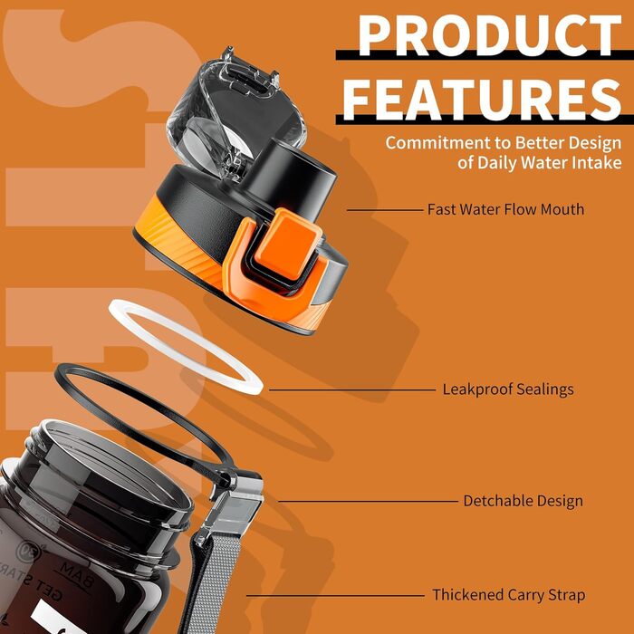 Спортивна пляшка для води з позначеннями часу, 1000 мл, Tritan, без BPA, вихідний колір - Sunset Orange