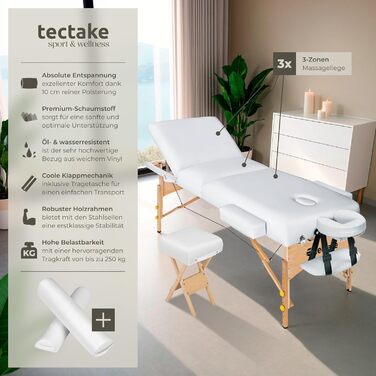 Складаний масажний стіл tectake, регульований по висоті, білий, для масажу, тату та косметології, з товстою м’якою оббивкою, 2 валики, стілець, сумка, алюмінієва підголівник