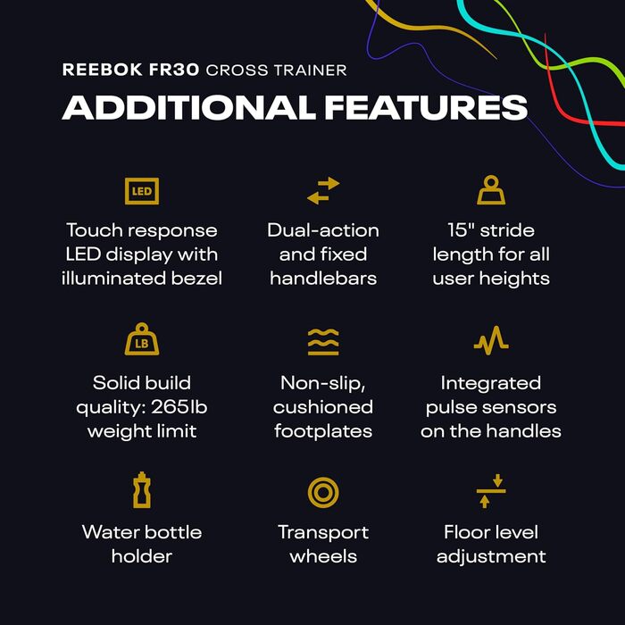 Еліптичний тренажер Reebok FR30 з Kinomap, маховик 9 кг, LED-дисплей, 32 рівні опору, 18 програм