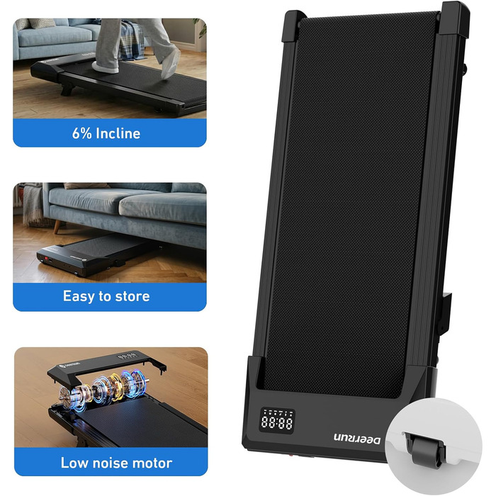 Бігова доріжка DeerRun Walking Pad з нахилом 6% для дому та офісу, компактний тренажер під стіл з App, пультом та LED-дисплеєм, до 136 кг, чорна