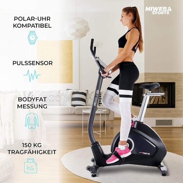Велотренажер Miweba Sports ME500 з магнітним опором, 14 кг маховик, 150 кг навантаження, керування через додаток, LCD-дисплей, пульсометр, для дому, чорний