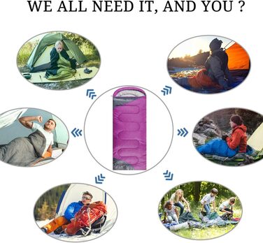 Спальний мішок 3-4 сезони для дорослих та дітей - легкий, водонепроникний, для кемпінгу та подорожей (86.61''x31.49'', фіолетово-сірий)