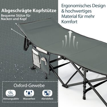 Розкладне ліжко SOARS для кемпінгу та відпочинку: стабільне металеве ліжко з кишенею та сумкою, до 272 кг, для відпочинку на природі та вдома, зелений (сірий)