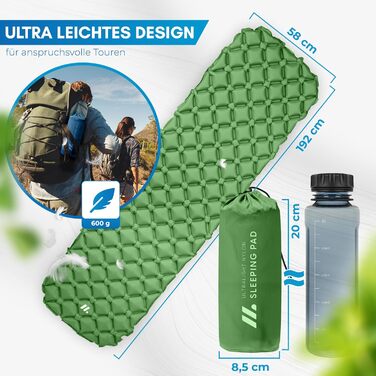 Килимок для кемпінгу NORDMUT® Ultraleicht з набором для ремонту - Надувний килимок для кемпінгу, водонепроникний для відпочинку на природі, у наметі та на фестивалях (Зелений)