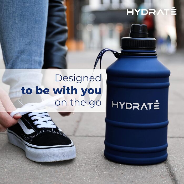 Фляга для води HYDRATE з нержавіючої сталі, 2.2 літри, без BPA, спортивна, металева, з нейлоновим ремінцем, надійна, 2200 мл, Middernachtsblau (Темно-синій)