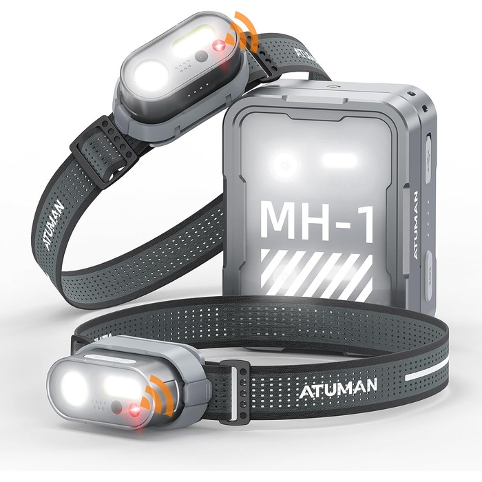 Налобний ліхтар ATuMan MH1 LED, 2 шт. з зарядним кейсом 6600mAh, 10 режимів світла, сенсор, IPX4, для кемпінгу/походів/бігу