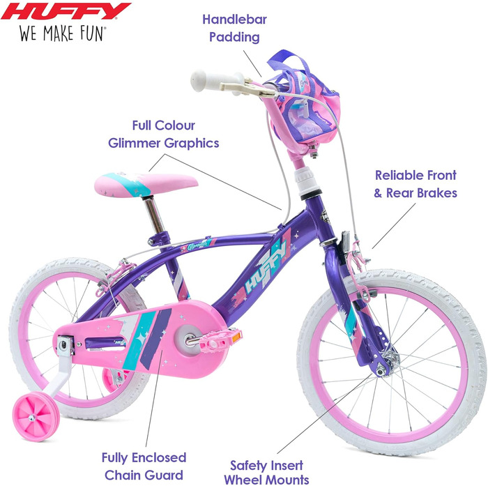 Дитячий велосипед Huffy Glimmer 16 дюймів, фіолетово-рожевий, для дівчаток 5-6 років, легкий, з додатковими колесами