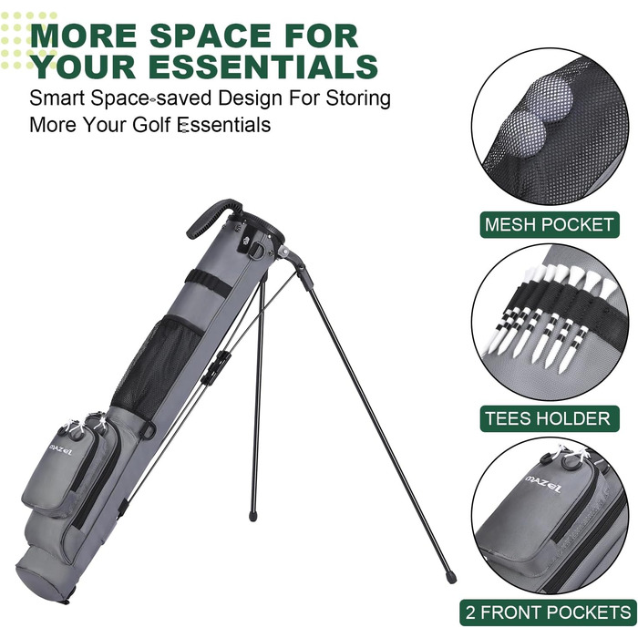 Гольф сумка MAZEL з роздільником на 2 сторони, 2 кишені, регульовані плечові ремені, високоякісний 900D нейлон, легкий матеріал, сіра гольф сумка-олівець для чоловіків та жінок