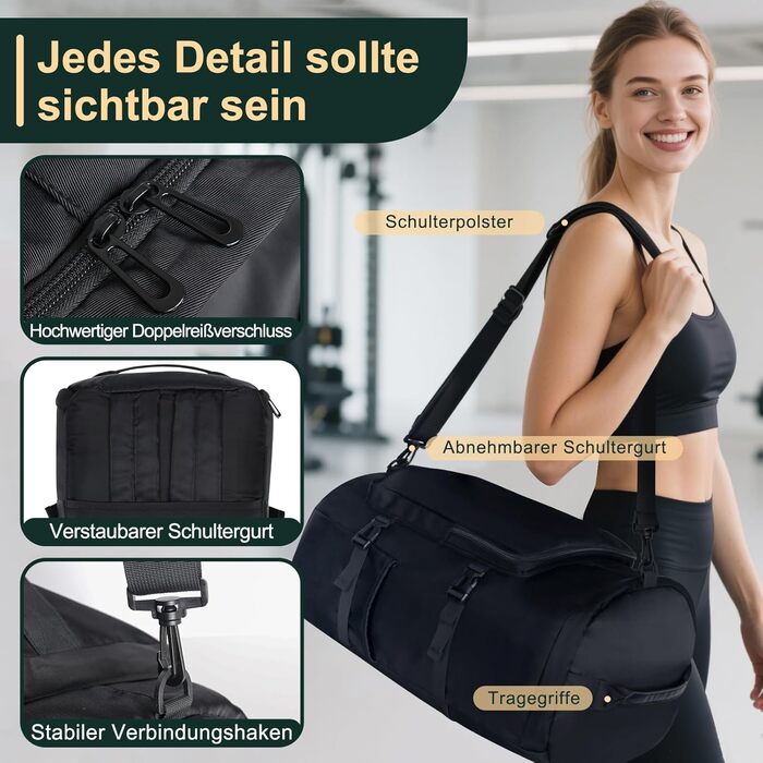 Спортивна сумка для чоловіків та жінок, 30-58L. Рюкзак, невелика сумка з відділенням для взуття та мокрих речей. Ідеальна для плавання, спорту, йоги, футболу (Чорний)