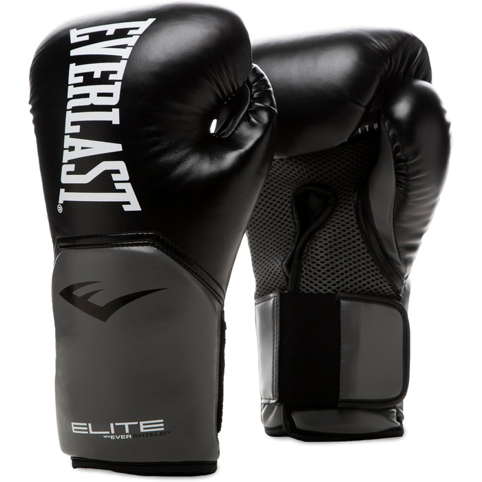 Боксерські рукавички Everlast Elite 2: для спарингу, роботи з манекеном та відбивання, клямка, ергономічна конструкція, роздільний піноспонж, оригінальні чорно-сірі, 10OZ