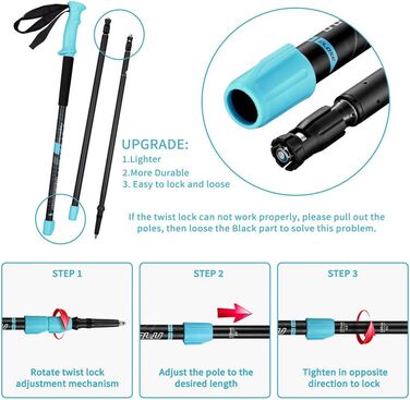 Тrekking-палиці FitTrek: телескопічні палиці для трекінгу та Nordic Walking, легкі, регульовані, з гумовими амортизаторами, підходящі для жінок, чоловіків та дітей (алюміній 6061, блакитні)