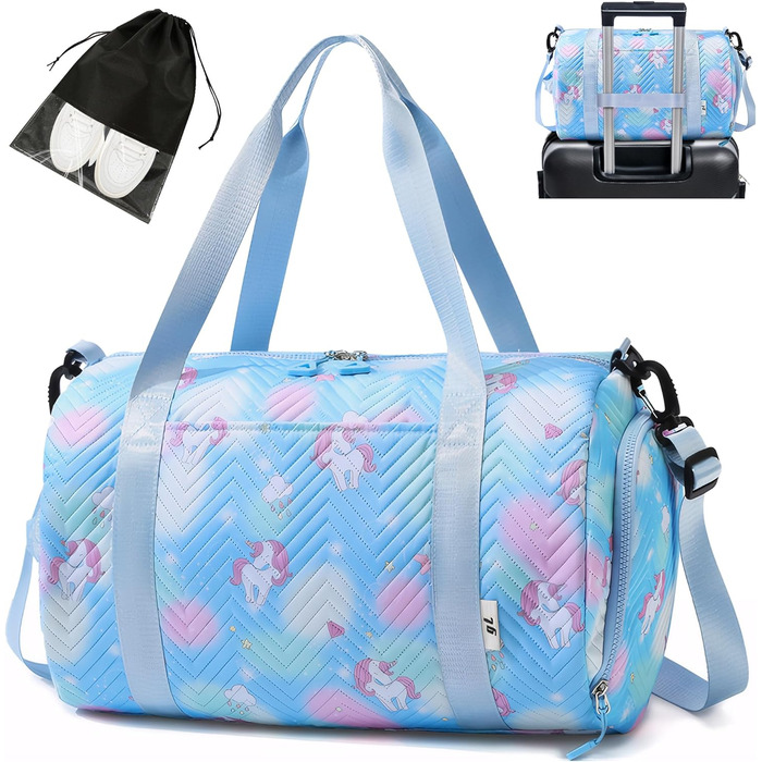 Спортивна сумка для дівчаток з єдинорогом, водонепроникна, з відділенням для взуття та мокрих речей, маленька сумочка для подорожей, фітнесу, школи, спорту (Блакитна)