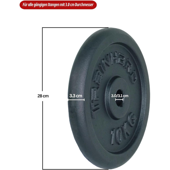 Набір млинців для штанги Train Hard, чавунні, 2×10 кг, отвір 30/31 мм