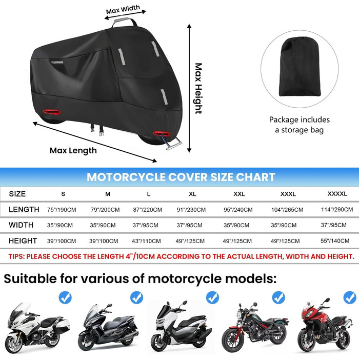Водонепроникний чохол для мотоцикла Motorrad Abdeckplane 300D, XL (230x90x125cm), чорний/сріблястий, з 5 світловідбиваючими смугами та кишенею
