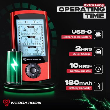 Прилад для масажу м'язів Neocarbon TENS EMS: стимулятор, 16 електродів, для дому та подорожей