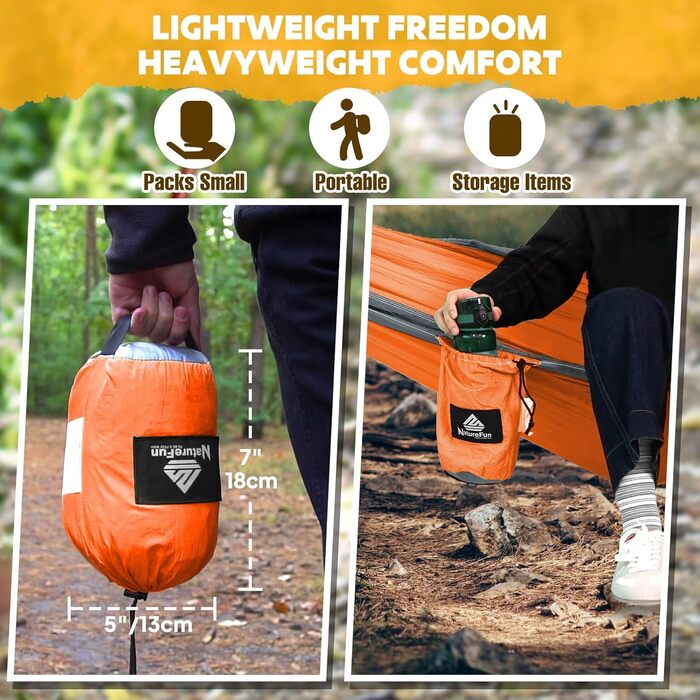 Гамак для кемпінгу NATUREFUN Ultraleicht | 300 кг, 275 x 140 см, дихаючий, швидковисихаючий, для відпочинку вдома, на природі, у саду (помаранчевий/сірий)
