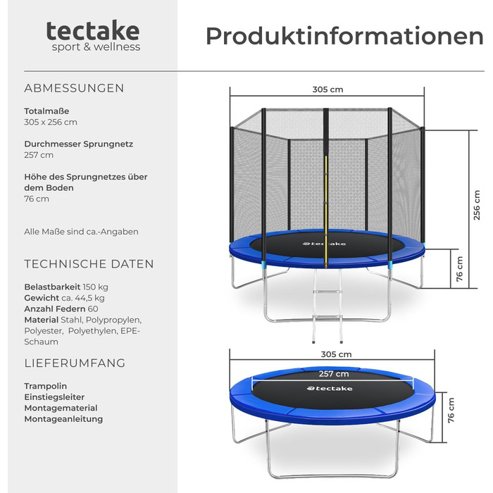 Трамплін Tectake® Ø 305 см з захисним сіткою, блакитний. Для дітей, тренування витривалості, безпечний, набір для активного відпочинку