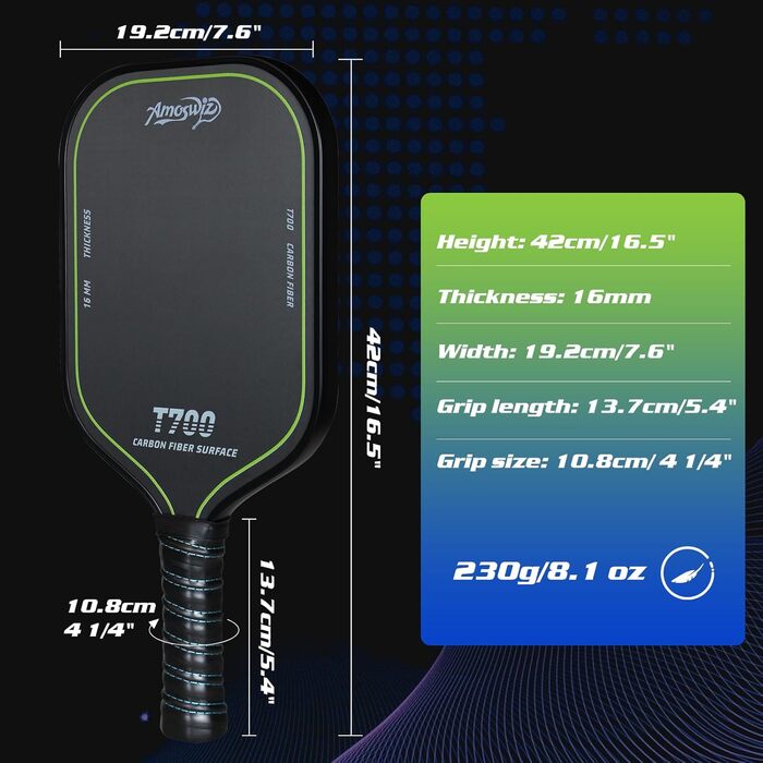 Ракетка для піклболу з вуглецевого волокна T700 Carbon, 16 мм, структурована поверхня - для професіоналів та досвідчених гравців