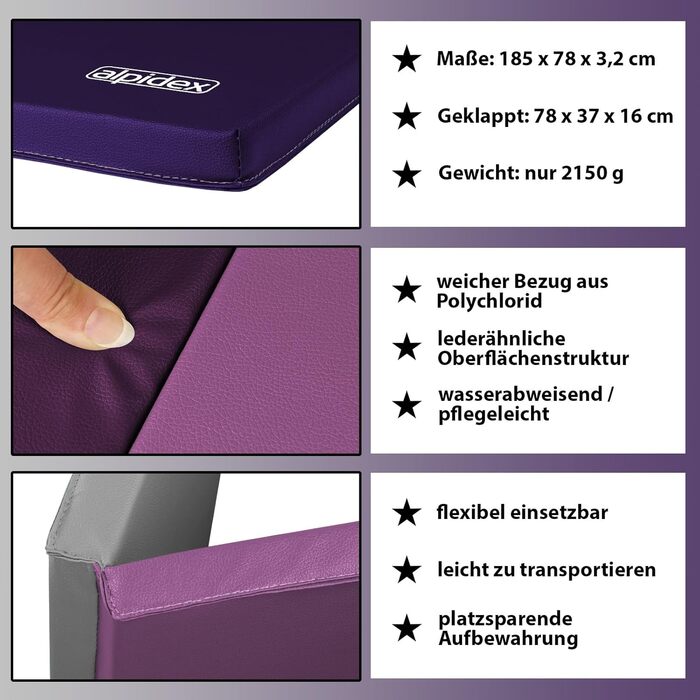 Гімнастичний мат ALPIDEX складаний 185x78x3,2 см, спортивний мат для дому, дітей та дорослих, фіолетовий