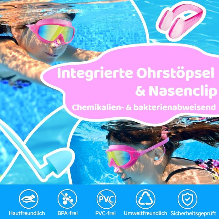 Дитячі окуляри для плавання Vvinca з носовими затискачами, широким кутом огляду, захистом від запотівання та UV-фільтром, водонепроникні, для дітей 3-14 років, рожеві та блакитні