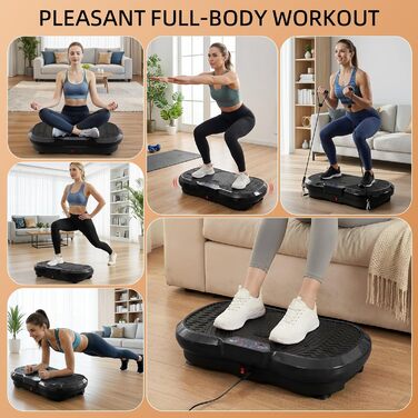Вібраційна платформа TLGREEN з надтихим мотором, 120 рівнів + 10 програм тренувань, з пультом дистанційного керування, тренувальні гумки, для тренувань всього тіла, схуднення, L-59x34x13cm, чорний