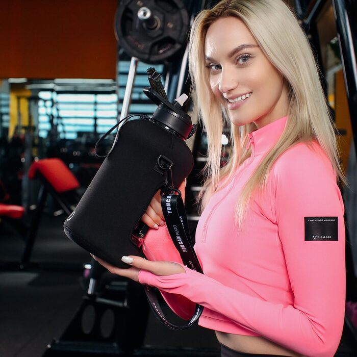 Спортивна пляшка для води Youcan Plato 2 л з соломинкою, чохлом, BPA Free, для газованої води, чорна, фітнес-глечик