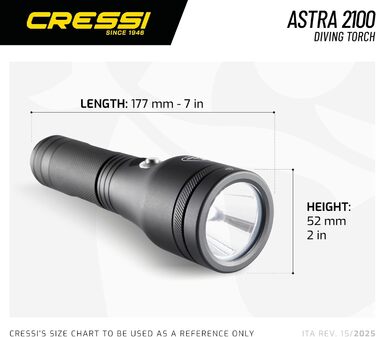 Ліхтар Cressi Astra Black - потужний LED-ліхтар для підводного плавання, риболовлі та досліджень, 2100 люмен, водонепроникний IPX8, 100м, унісекс, чорний