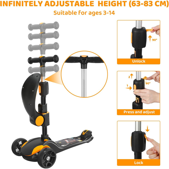 Дитячий роликовий самокат Kinderroller з LED-колесами, регульована висота, складний, від 3 років