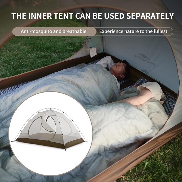 Намет Naturehike Cloud Creek 2-3 особи, Ultraleicht, 7001 Алюміній, Захист від сонця та Водонепроникність, для туризму та кемпінгу (Коричневий/3 особи)