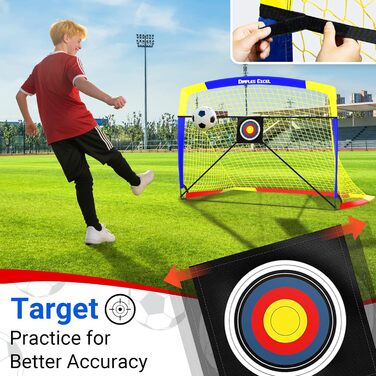 Ворота для футболу Dimples Excel Pop-Up – розкладні для дітей | Набір 1 або 2 шт. | Розміри 120x90 / 152x110 / 213x152 см | 3 кольори | З м'ячем, насосом, конусами та мішенню | Для саду та подарунка