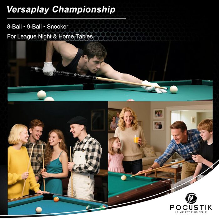 Набір для більярду Pocustik: 2 шт. кийки, канадський клен, 147.3 см, ергономічні, для дому, синій/фіолетовий або чорний/червоний