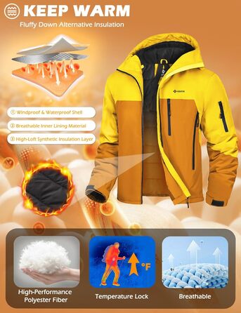 Чоловіча лижна куртка GEMYSE з інтегрованими підтяжками та капюшоном. Тепла водонепроникна зимова куртка-вітрівка для сноубордингу та хайкінгу. Розмір XXL. Кольори: золотисто-жовтий та реальгар-коричневий