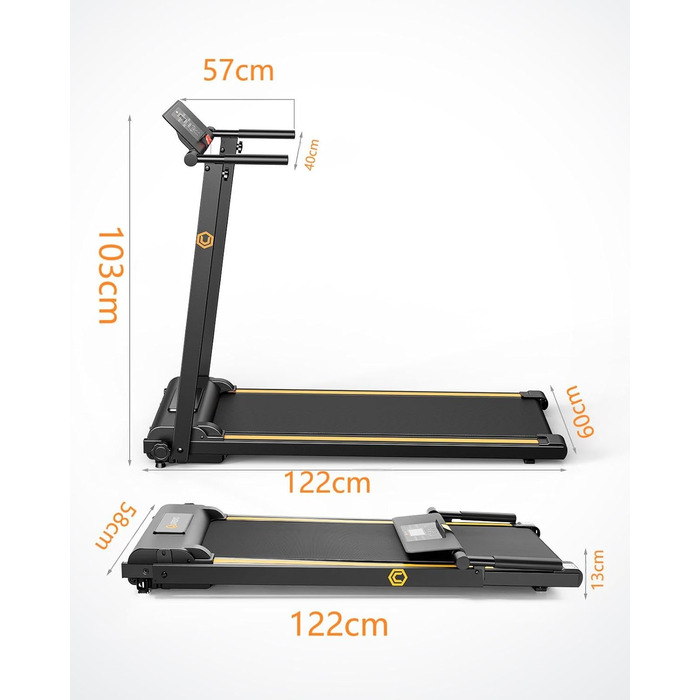 Біговий тренажер UREVO для дому, 2.25PS, складний, з 12 програмами HIIT, компактний, для дому/офісу, економія місця, широка бігова доріжка, LCD-дисплей, чорний